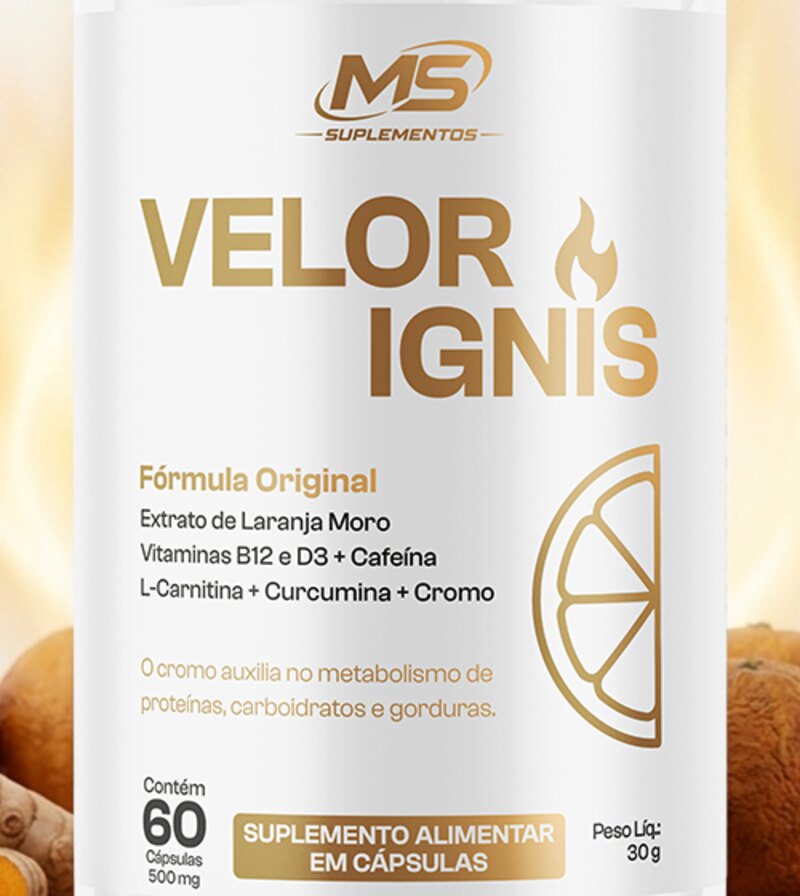 Rótulo do VELOR IGNIS: fórmula original com extrato de laranja moro, vitaminas B12 e D3, cafeína, L-carnitina, curcumina e cromo